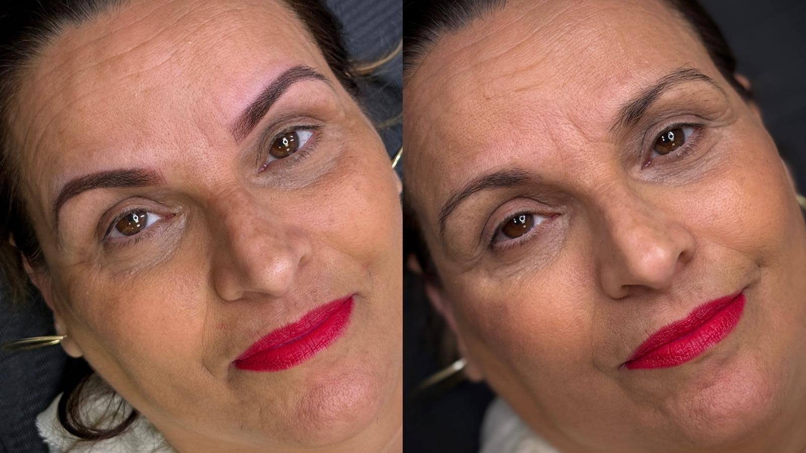 Microblading de cejas antes y después, corrección de forma con labios rojos