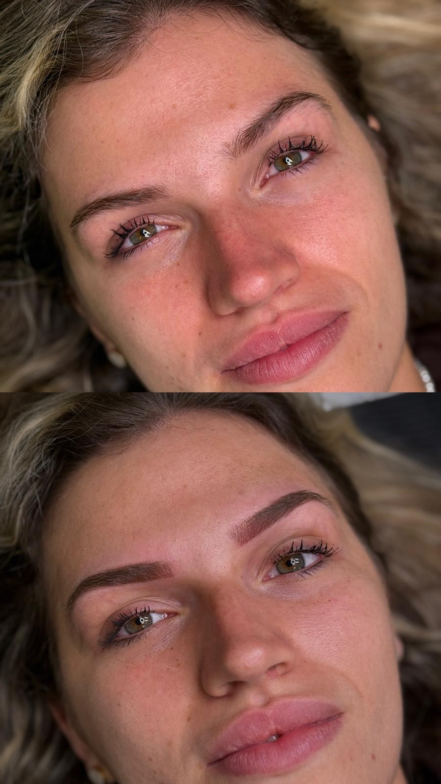 Microblading de cejas antes y después, primer plano de mirada y cejas definidas