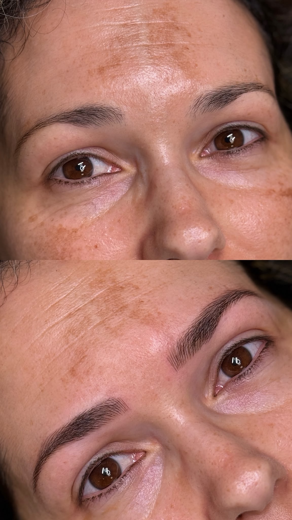 Microblading de cejas antes y después, primer plano de mirada y frente