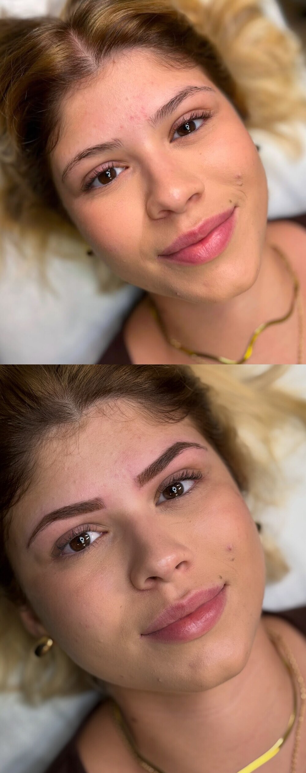 Microblading de cejas antes y después, primer plano de mirada y frente