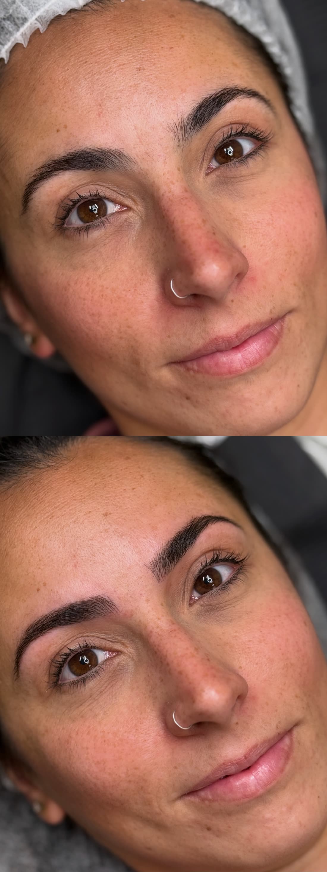 Microblading de cejas antes y después, primer plano de mirada y cejas