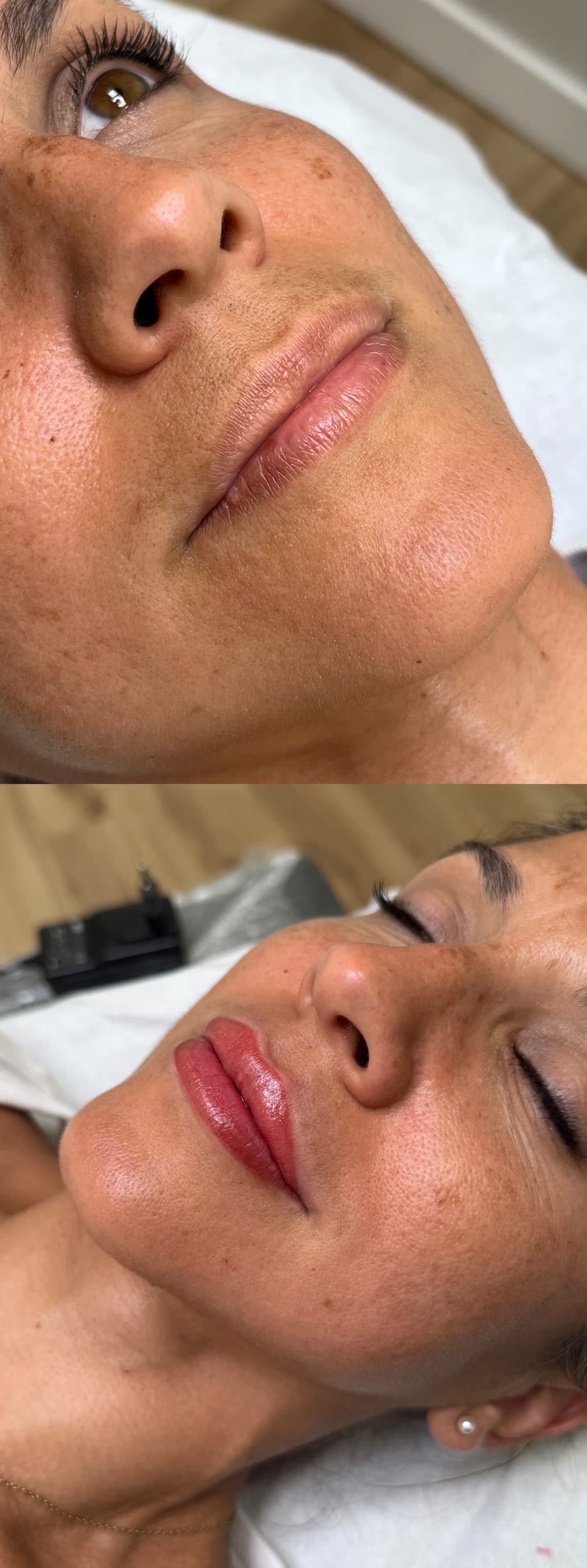 Micropigmentación de labios antes y después, resultado recién aplicado
